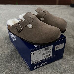 Birkenstock Boston VL Shearling Taupe Suede Mules with Shearling